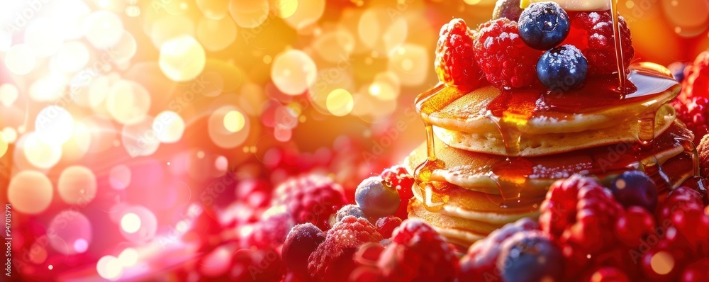 Delicious Pancakes with Fresh Berries and Drizzle of Honey. Delicious Pancakes with Fresh Berries and Drizzle of Honey.