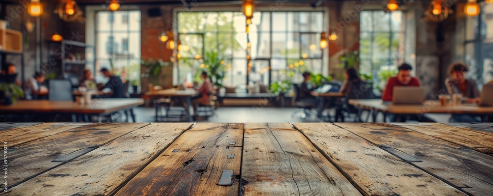 A vibrant and modern co-working space featuring wooden tables, hanging lights, and large windows, bustling with people working on laptops and collaborating in a spacious open-plan area A vibrant and modern co-working space featuring wooden tables, hanging lights, and large windows, bustling with people working on laptops and collaborating in a spacious open-plan area