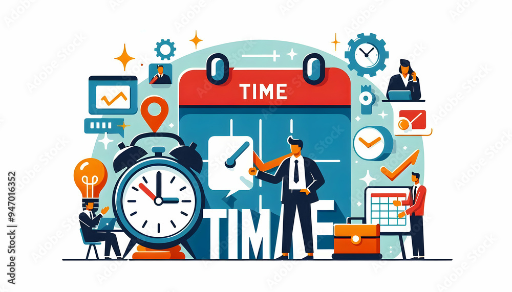 Flat Vector of Isolated Clock and Calendar with Time Concept - Smart Business Tone: Illustration Emphasizing Time Management's Critical Role in Operational Management on White Background Flat Vector of Isolated Clock and Calendar with Time Concept - Smart Business Tone: Illustration Emphasizing Time Management's Critical Role in Operational Management on White Background