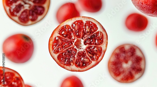 A Close-Up of a Pomegranate Slice with Blurred Pomegranates in the Background