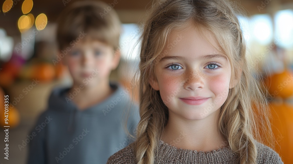 A young girl with braided hair and a warm smile stands in the foreground, while a blurred young boy in a hooded sweatshirt is seen in the background, amidst a colorful and festive setting