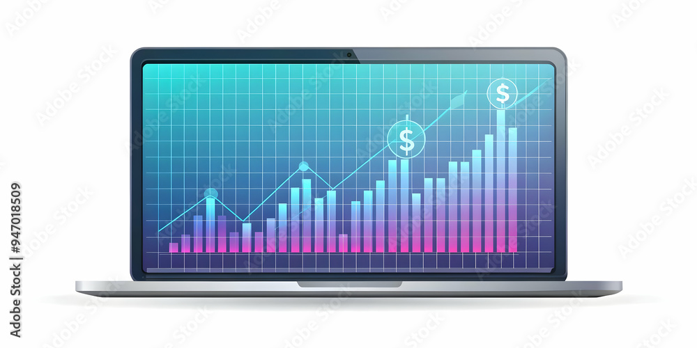 Flat Glossy Laptop Screen with Floating Holographic Dollar Symbols and Financial Charts Concept, Ideal for Financial Officer Content. Smart Business Tone in Simple Vector Illustration. Flat Glossy Laptop Screen with Floating Holographic Dollar Symbols and Financial Charts Concept, Ideal for Financial Officer Content. Smart Business Tone in Simple Vector Illustration.