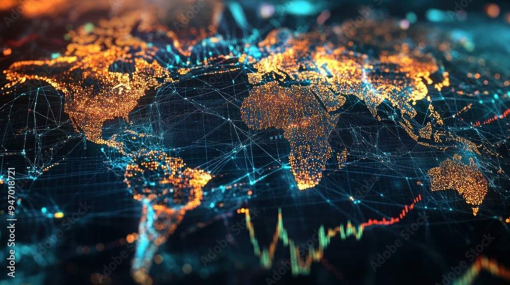 A digital map of the world with glowing continents and connected lines. A digital map of the world with glowing continents and connected lines.