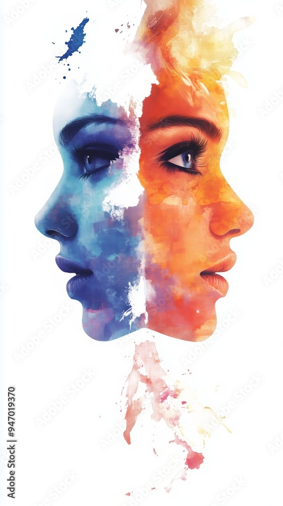 Dualities of the Soul: A vibrant abstract portrait of two faces, one blue and one orange, intertwined in a mesmerizing dance of color and form. It evokes the complexities of human nature and the inter Dualities of the Soul: A vibrant abstract portrait of two faces, one blue and one orange, intertwined in a mesmerizing dance of color and form. It evokes the complexities of human nature and the inter