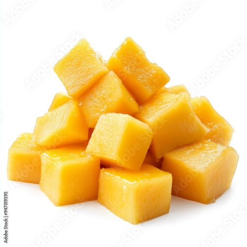 close up of Mango slice cut to cubes close-up isolated on white background