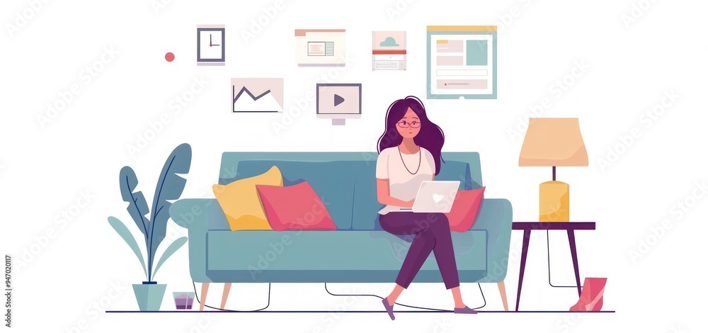 Woman Working from Home on a Couch Woman Working from Home on a Couch