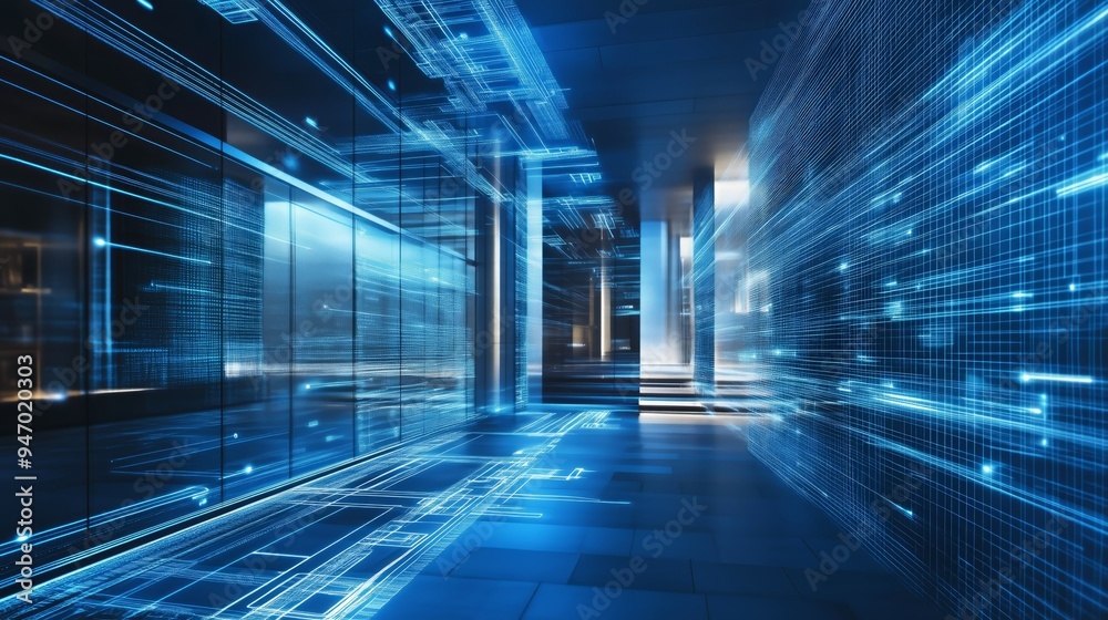 Digital Corridor: A futuristic blue hallway aglow with data streams, symbolizing the flow of information and the power of technology. Digital Corridor: A futuristic blue hallway aglow with data streams, symbolizing the flow of information and the power of technology.