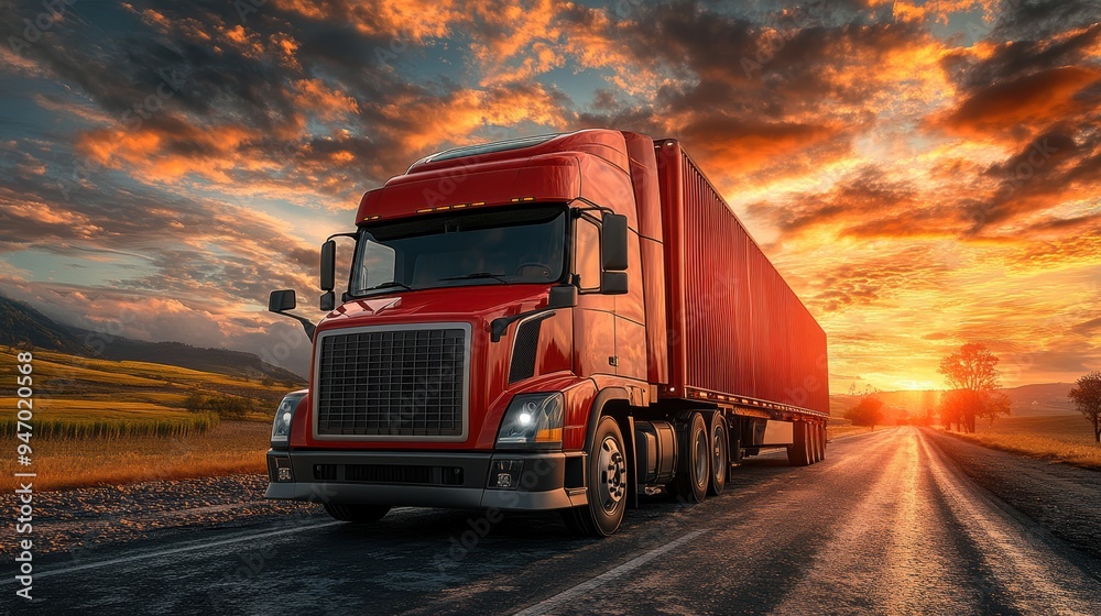 A vibrant red semi-truck driving through an expansive rural landscape on an open road at sunset, under a stunning sky with dramatic clouds A vibrant red semi-truck driving through an expansive rural landscape on an open road at sunset, under a stunning sky with dramatic clouds