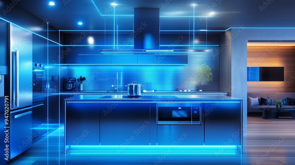 Connected Kitchen, Smart Home: A futuristic blue-lit kitchen outfitted with smart appliances and interconnected devices. Connected Kitchen, Smart Home: A futuristic blue-lit kitchen outfitted with smart appliances and interconnected devices.