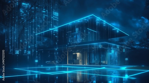 Smart Home Blueprint: A futuristic vision of a connected home, rendered in glowing blue lines and data streams, representing the interconnectedness of modern living. 