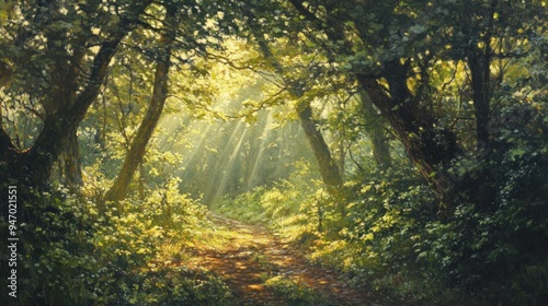 Sunbeams Illuminating a Path Through a Dense Forest