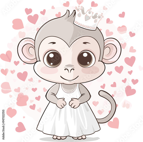 cute kawaii monkey princess dress and tiara, soft fluffy fur puffing out, in a pastel dreamy ethereal lighting featuring pink hearts, cute and adorable vector illustration clipart