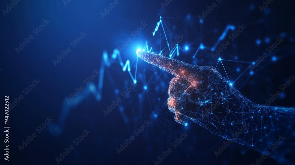 Abstract close-up of hand pointing at glowing business chart consisting of arrows up on dark blue technology background background. Futuristic low poly wireframe vector stock, market, trade concept 