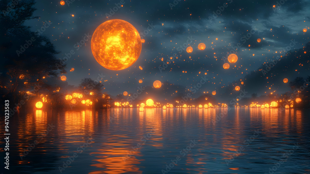3D Abstract Digital Moonlit River Concept with Glowing Waves and Floating Lanterns - Mid Autumn Festival 3D Icon, Wide Shot on White Background 3D Abstract Digital Moonlit River Concept with Glowing Waves and Floating Lanterns - Mid Autumn Festival 3D Icon, Wide Shot on White Background