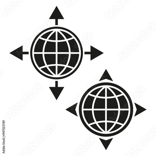 Global direction icon. Globe symbol with arrows. International movement concept. Minimalist vector graphic.