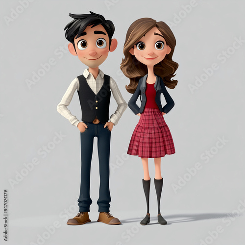 charming and clean 3D illustration of a young couple, styled in a modern, cartoonish fashion. The male character is dressed in a casual yet neat outfit featuring a white checkered shirt, black vest photo