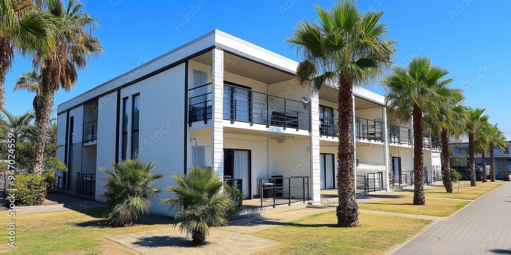 Obraz premium Modern dual-level residences with a sleek architectural design, featuring outdoor balconies and surrounded by palm trees in a suburban development on a sunny day
