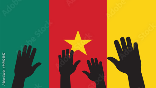 Group of Cameroon people gathering hands vector silhouette, unity or support idea, hand gathering silhouette on Cameroon flag, teamwork and togetherness concept, union of society
