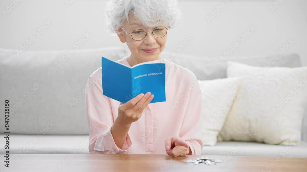 年金手帳を確認するシニア女性	
