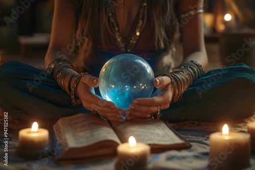 Mysterious sorceress cradles glowing crystal ball surrounded by candles and ancient tomes photo