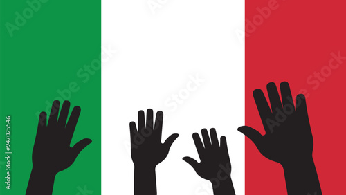 Group of Italy people gathering hands vector silhouette, unity or support idea, hand gathering silhouette on Italy flag, teamwork and togetherness concept, union of society
