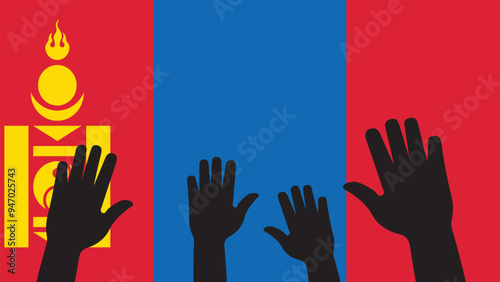 Group of mongolia people gathering hands vector silhouette, unity or support idea, hand gathering silhouette on mongolia flag, teamwork and togetherness concept, union of society
