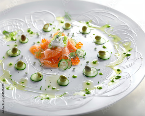 plate of salmon slices cucumber dill green olives