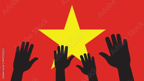 Group of vietnam people gathering hands vector silhouette, unity or support idea, hand gathering silhouette on vietnam flag, teamwork and togetherness concept, union of society
