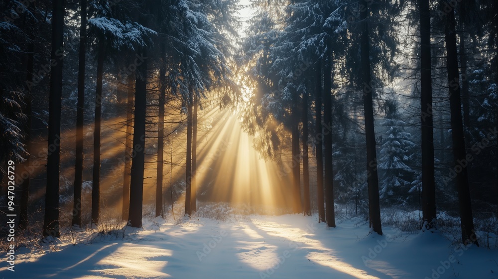 Fototapeta premium Sunlight filters through snow-covered trees in a serene winter forest during early morning hours