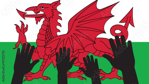 Group of wales people gathering hands vector silhouette, unity or support idea, hand gathering silhouette on wales flag, teamwork and togetherness concept, union of society
