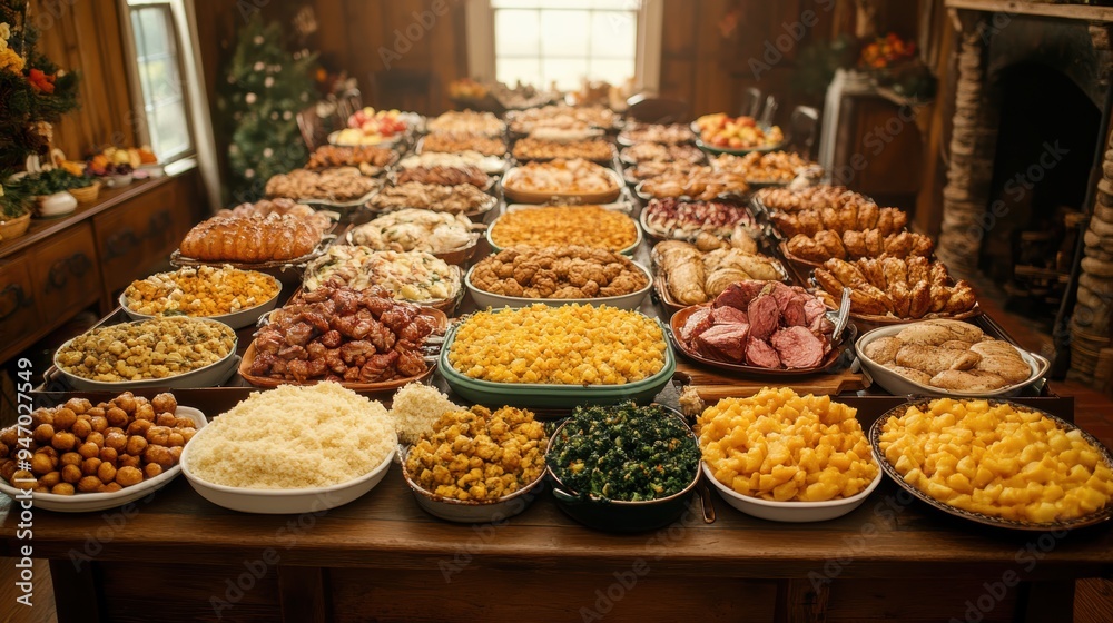 An elaborate and bountiful Thanksgiving feast spread across a large dining table, featuring a wide variety of traditional and seasonal dishes, beautifully arranged and ready to be enjoyed