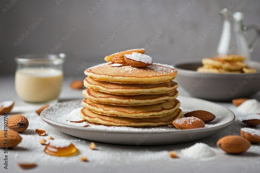 Almond Flour Pancakes: Top-down view of almond flour pancakes neatly stacked and garnished with a sprinkle of powdered sugar. Almond Flour Pancakes: Top-down view of almond flour pancakes neatly stacked and garnished with a sprinkle of powdered sugar.