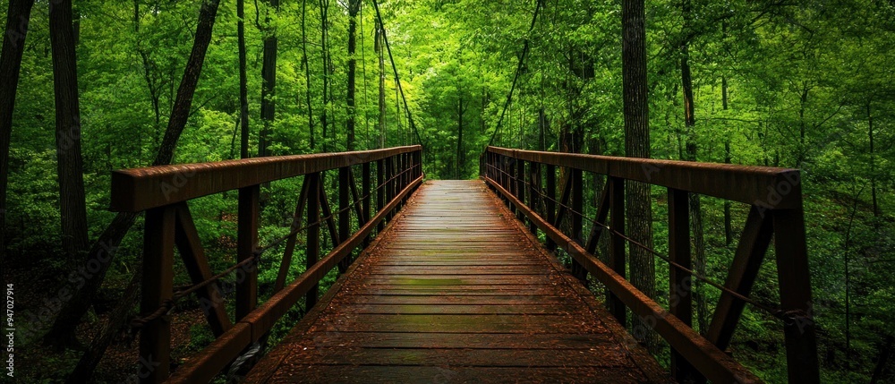 Wooden Bridge Leading Through a Verdant Forest
