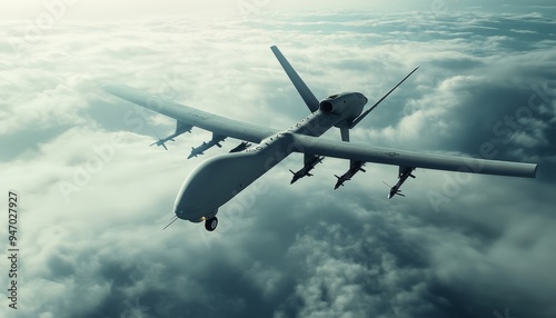 Aerial view of an unmanned combat drone soaring in the sky, showcasing military technology