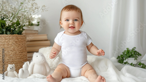 Baby girl wearing white onesie sitting on white blanket smiling