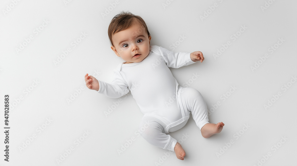 Adorable baby lying on back wearing white onesie mockup Adorable baby lying on back wearing white onesie mockup