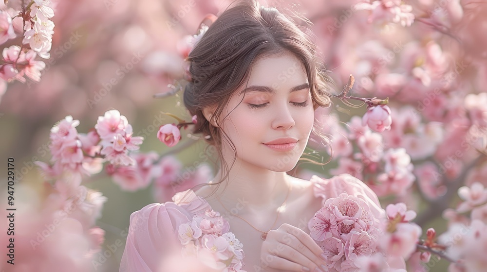 A serene woman in a delicate pink dress stands amidst blooming cherry blossoms, her eyes closed and a peaceful expression on her face, encapsulating the essence of spring and tranquility
