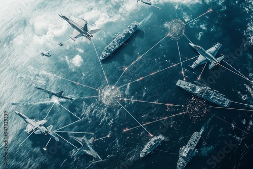 Showcasing contemporary military equipment  fighter jets, ships, satellites, and data links