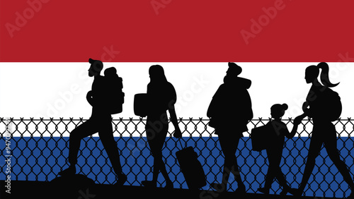Immigration and refugees front of Netherlands flag, immigrant and refugee concept, Netherlands immigrants, refugee day, freedom and human rights idea, poverty and illegal immigrants
