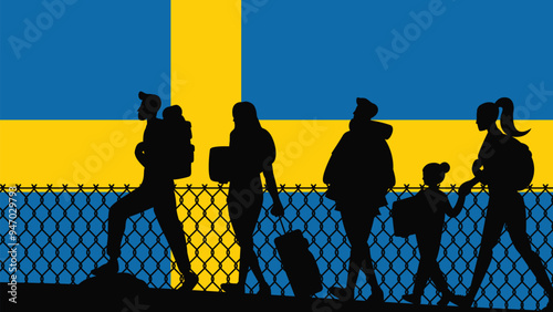 Immigration and refugees front of Sweden flag, immigrant and refugee concept, Sweden immigrants, refugee day, freedom and human rights idea, poverty and illegal immigrants
