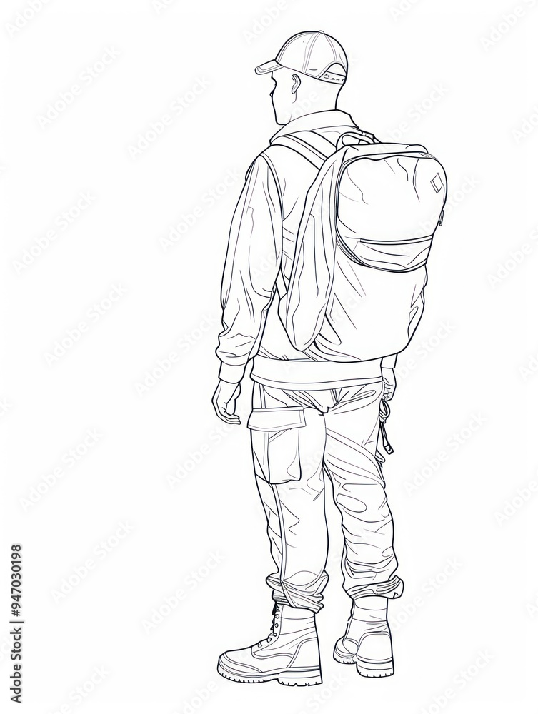 Outline drawing of a man in a cap and backpack. Outline drawing of a man in a cap and backpack.