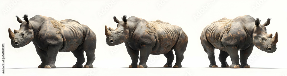 Fototapeta premium Three Black Rhinos Isolated on White Background