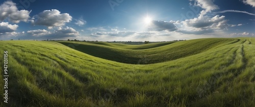 Rolling Green Hills Under a Blue Sky with White Clouds