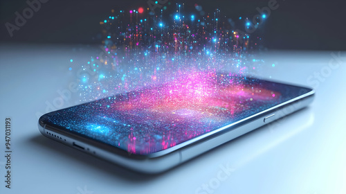 Wallpaper Mural 3D Icon Mobile Phone with Holographic Social Media Feed and 'Stay Updated' Text - Zooming into Screen in Home Office Setup with Glowing Elements on White Background - Concept of Staying Connected and  Torontodigital.ca