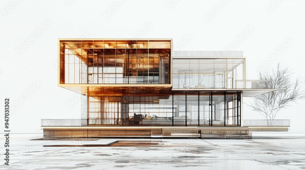 Architectural Sketch of a Modern Two-Story House with Large Windows Architectural Sketch of a Modern Two-Story House with Large Windows
