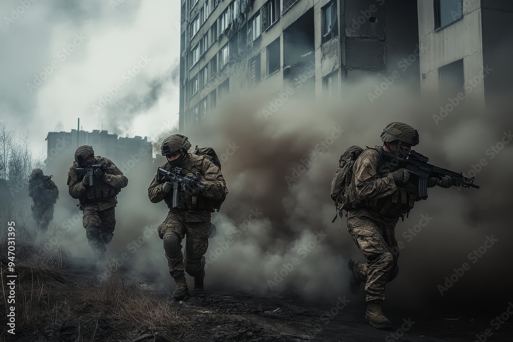 Dynamic urban warfare military troops engaged in action packed combat operations Dynamic urban warfare military troops engaged in action packed combat operations