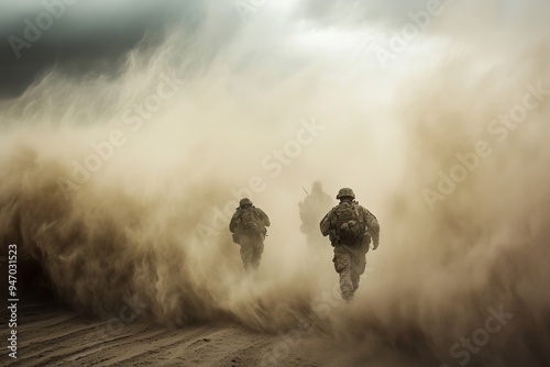 Military forces maneuvering through a turbulent desert storm filled with dust and chaos photo