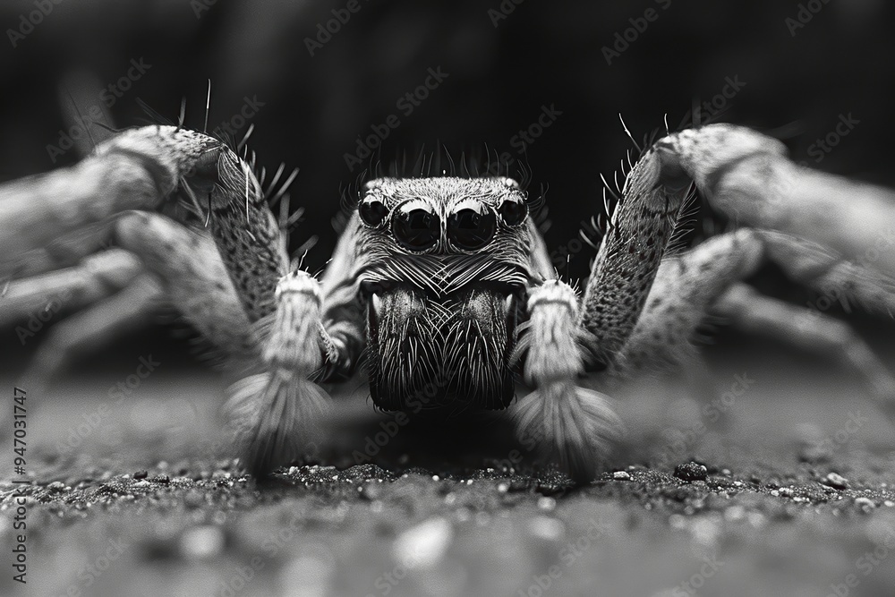 Fototapeta premium A black and white close-up photograph of a spider showcasing its intricate facial features and hairy legs in dramatic detail on a blurred background