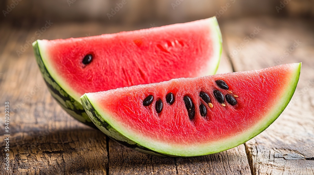 a sliced watermelon with juicy red flesh and black seeds on a rustic wooden table a sliced watermelon with juicy red flesh and black seeds on a rustic wooden table