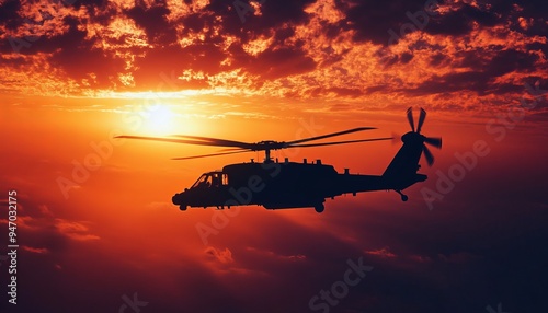 Apache attack helicopter soars against a stunning sunset sky, capturing military aviation power